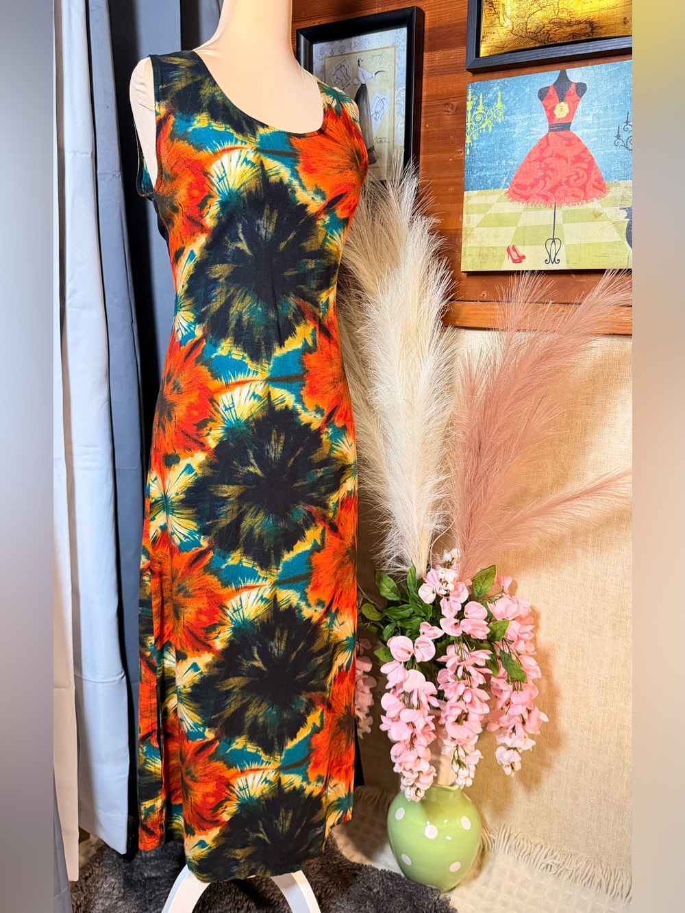 Vintage 100% Rayon Hand Wash Tie Dye Vibrant Orange Red Top Dress - Picture 2 of 8